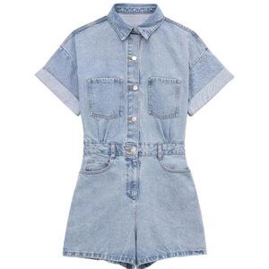 Womens Short Sleeve Denim Romper Stomper Shorts Button Up Jean Jumpsuits Outfit